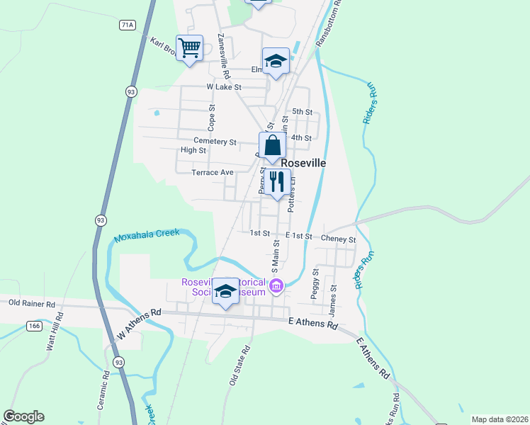 map of restaurants, bars, coffee shops, grocery stores, and more near 1-7 Perry St in Roseville