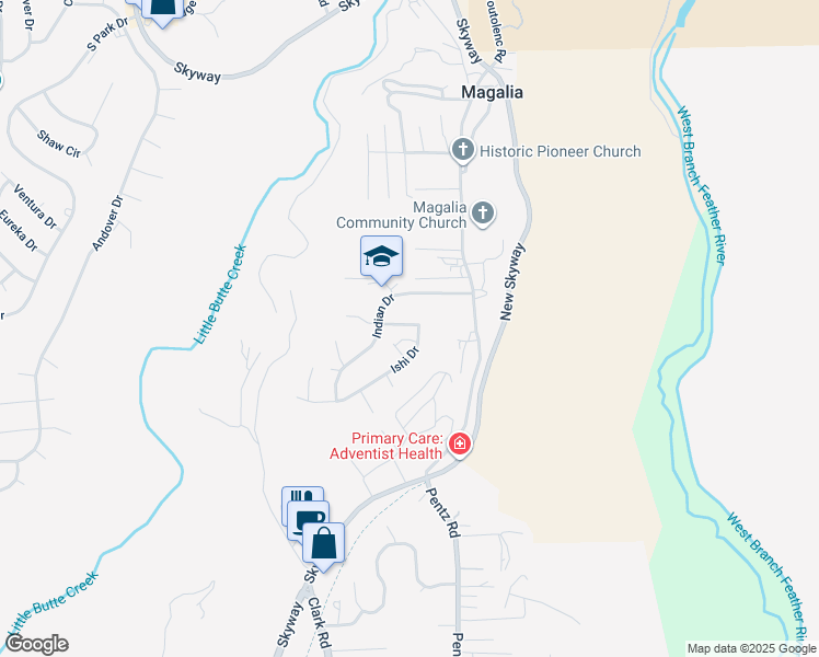 map of restaurants, bars, coffee shops, grocery stores, and more near 6751 Ishi Drive in Magalia