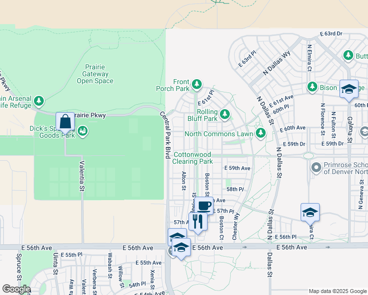 map of restaurants, bars, coffee shops, grocery stores, and more near 6043 Alton Street in Denver