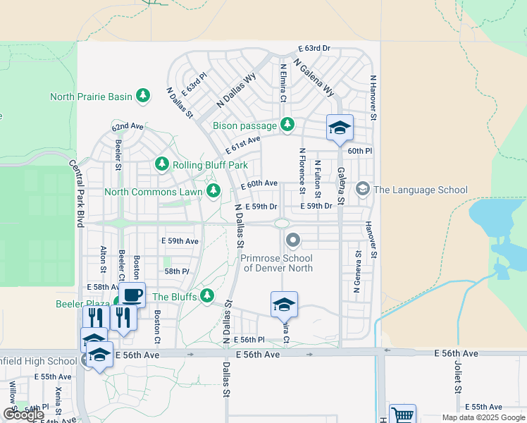 map of restaurants, bars, coffee shops, grocery stores, and more near 5983 North Elmira Street in Denver