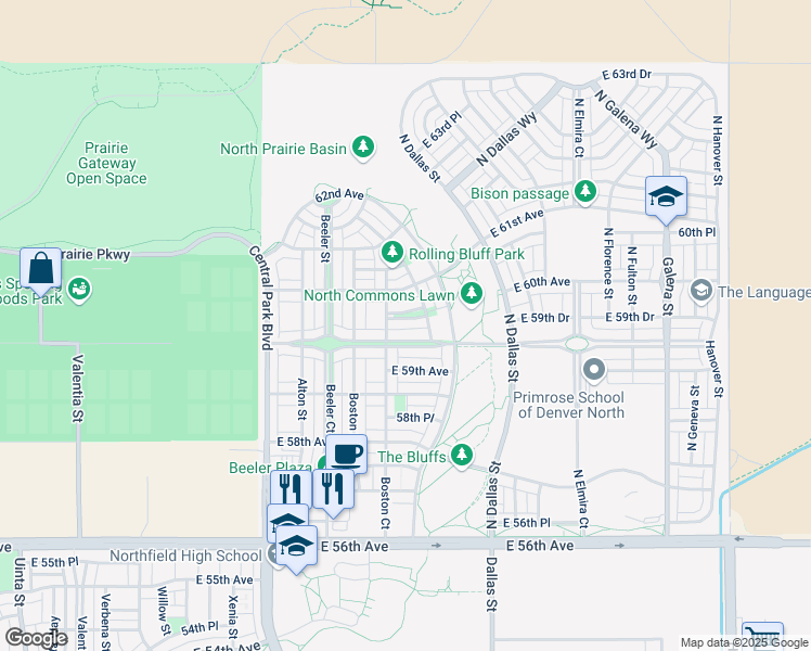 map of restaurants, bars, coffee shops, grocery stores, and more near 9385 59th North Drive in Denver