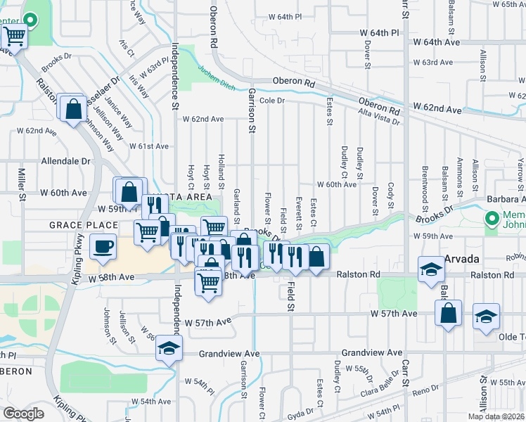 map of restaurants, bars, coffee shops, grocery stores, and more near 5970 Flower Street in Arvada