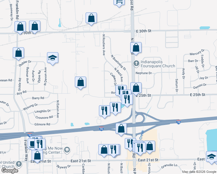 map of restaurants, bars, coffee shops, grocery stores, and more near 8757 Routiers Court in Indianapolis