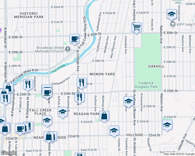 map of restaurants, bars, coffee shops, grocery stores, and more near 825 East 27th Street in Indianapolis
