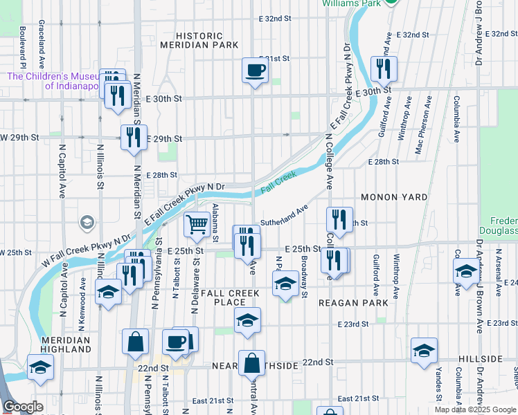 map of restaurants, bars, coffee shops, grocery stores, and more near 2665 Central Avenue in Indianapolis