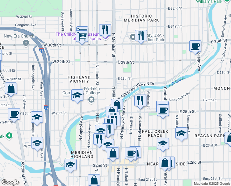 map of restaurants, bars, coffee shops, grocery stores, and more near 2620 North Meridian Street in Indianapolis