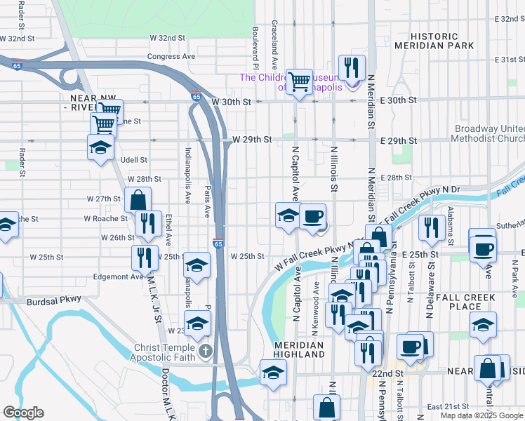 map of restaurants, bars, coffee shops, grocery stores, and more near 2701 Boulevard Place in Indianapolis