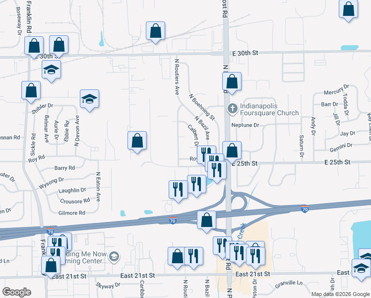 map of restaurants, bars, coffee shops, grocery stores, and more near 8757 Routiers Court in Indianapolis