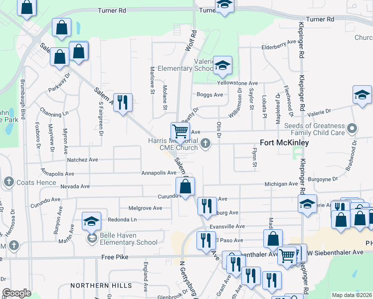 map of restaurants, bars, coffee shops, grocery stores, and more near 4047 Haney Road in Dayton
