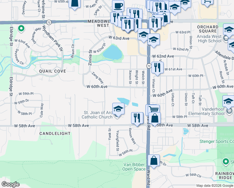 map of restaurants, bars, coffee shops, grocery stores, and more near 12800 West 60th Avenue in Arvada
