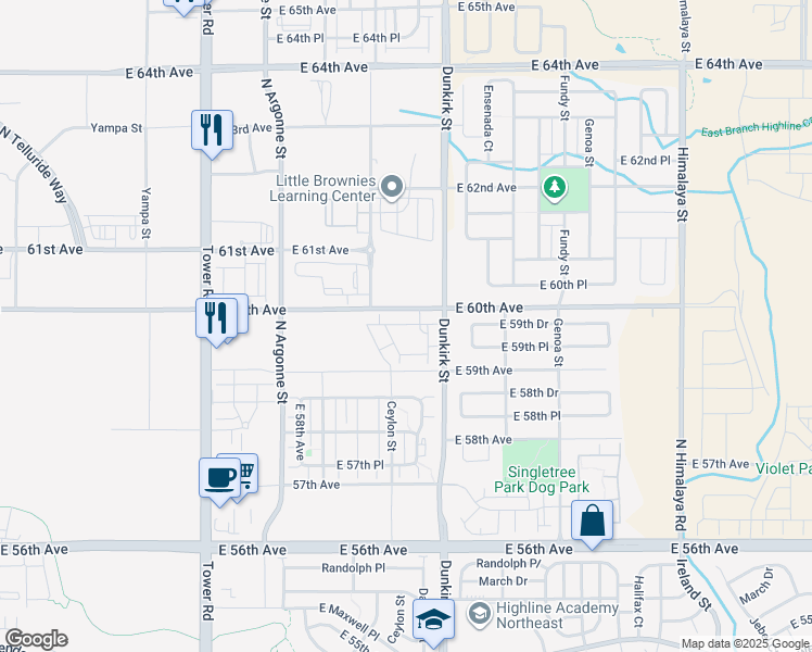 map of restaurants, bars, coffee shops, grocery stores, and more near 5959 North Dunkirk Street in Denver