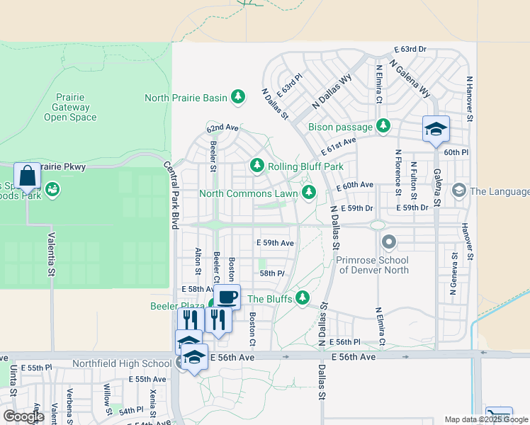 map of restaurants, bars, coffee shops, grocery stores, and more near 9362 59th South Drive in Denver