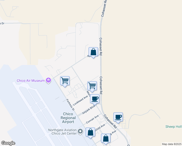 map of restaurants, bars, coffee shops, grocery stores, and more near 1100 Marauder Street in Chico