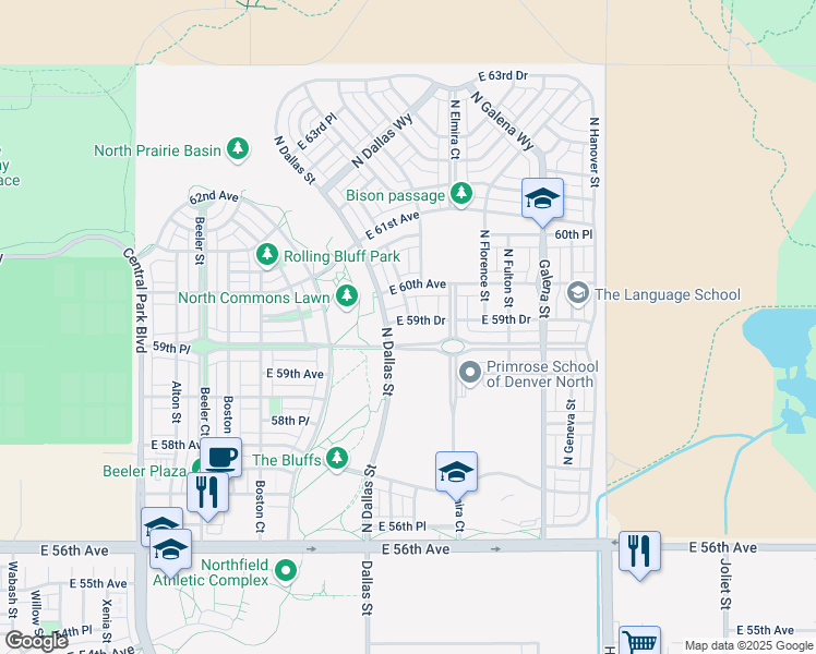 map of restaurants, bars, coffee shops, grocery stores, and more near 9690 East 59th Drive in Denver