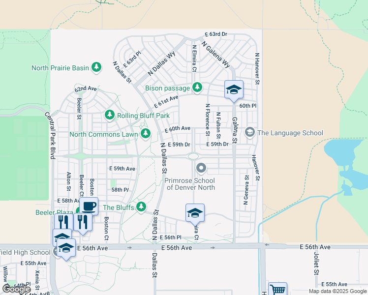map of restaurants, bars, coffee shops, grocery stores, and more near 9760 East 59th Drive in Denver