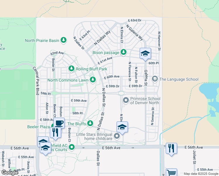map of restaurants, bars, coffee shops, grocery stores, and more near 9690 East 59th Drive in Denver