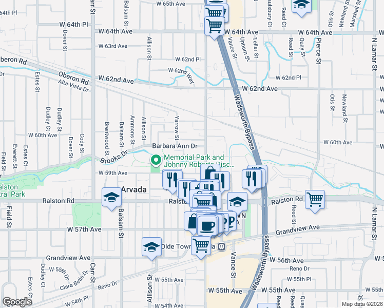 map of restaurants, bars, coffee shops, grocery stores, and more near 7655 Marilyn Jean Drive in Arvada