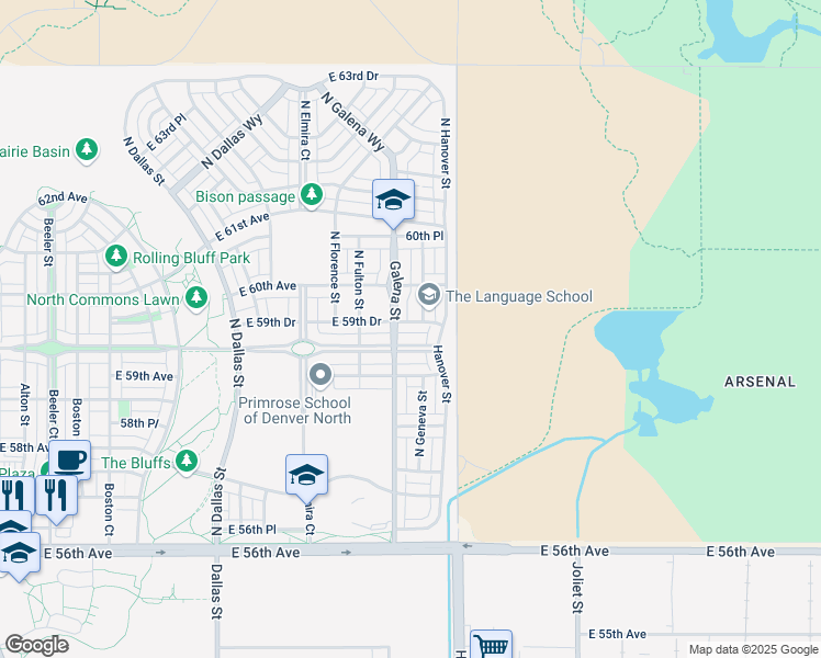 map of restaurants, bars, coffee shops, grocery stores, and more near 10270 East 59th Drive in Denver
