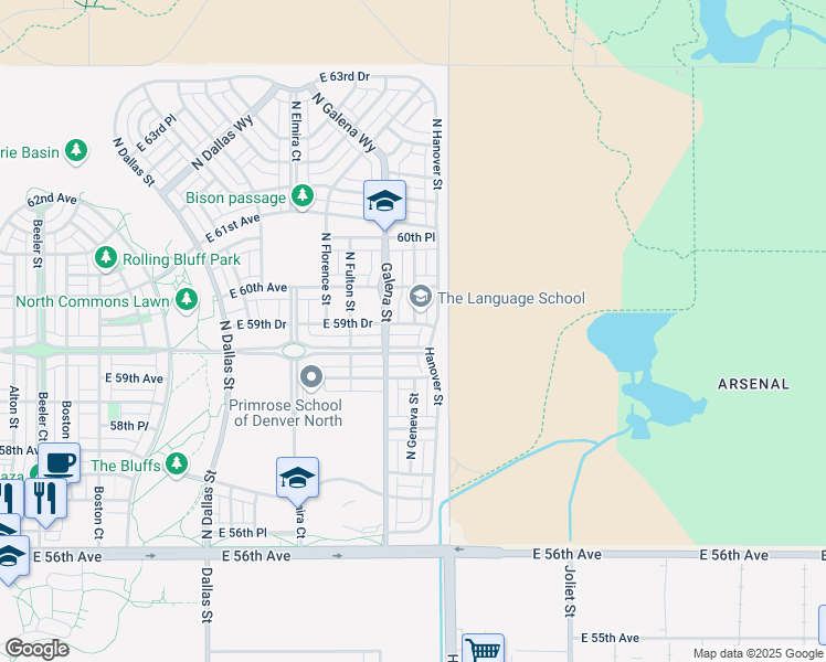 map of restaurants, bars, coffee shops, grocery stores, and more near 10290 East 59th Drive in Denver