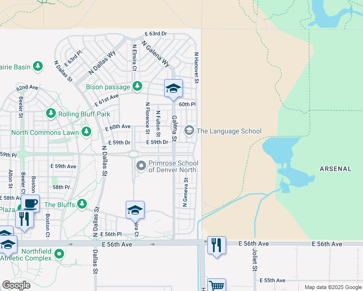 map of restaurants, bars, coffee shops, grocery stores, and more near 10270 East 59th Drive in Denver