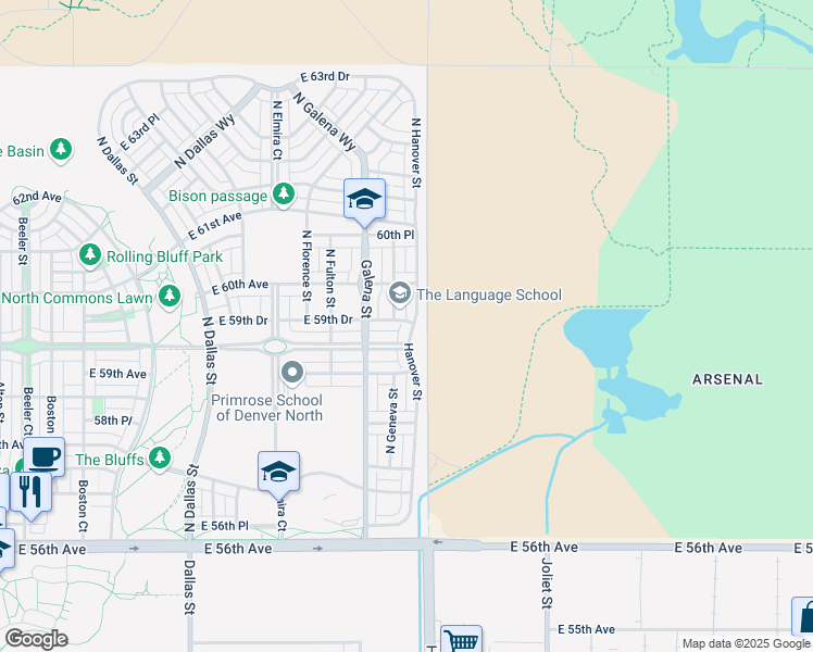 map of restaurants, bars, coffee shops, grocery stores, and more near 5973 Hanover Street in Denver