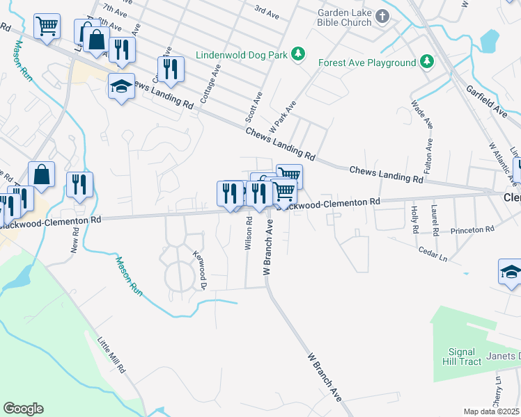 map of restaurants, bars, coffee shops, grocery stores, and more near 849 Blackwood Clementon Road in Pine Hill