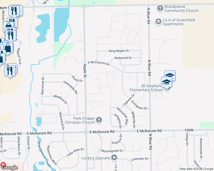 map of restaurants, bars, coffee shops, grocery stores, and more near 1105 Greenbrook Drive in Greenfield
