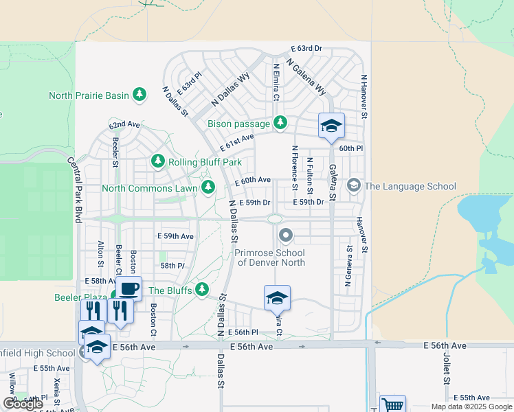 map of restaurants, bars, coffee shops, grocery stores, and more near 9740 East 59th Drive in Denver