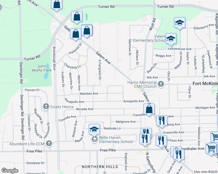 map of restaurants, bars, coffee shops, grocery stores, and more near 52 South Fairgreen Drive in Dayton