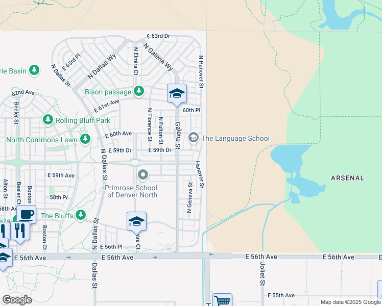 map of restaurants, bars, coffee shops, grocery stores, and more near 10300 East 59th Drive in Denver