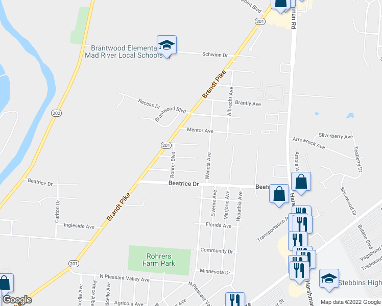 map of restaurants, bars, coffee shops, grocery stores, and more near 637 Homecrest Avenue in Dayton