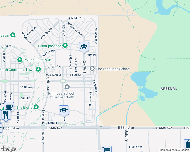 map of restaurants, bars, coffee shops, grocery stores, and more near 5977 Hanover Street in Denver