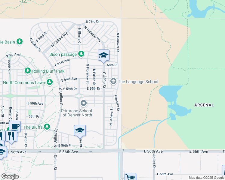map of restaurants, bars, coffee shops, grocery stores, and more near 5985 North Geneva Street in Denver