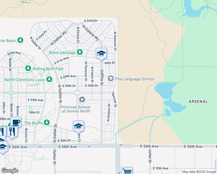 map of restaurants, bars, coffee shops, grocery stores, and more near 5985 North Geneva Street in Denver