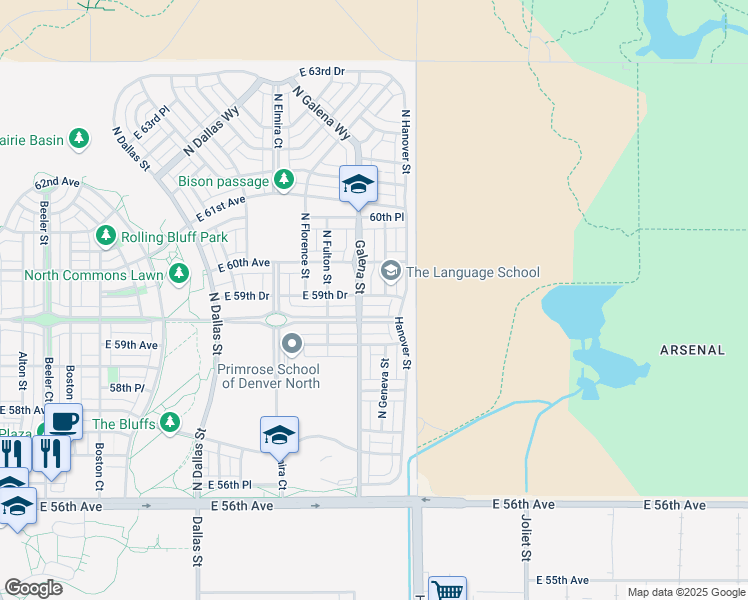 map of restaurants, bars, coffee shops, grocery stores, and more near 5985 North Geneva Street in Denver