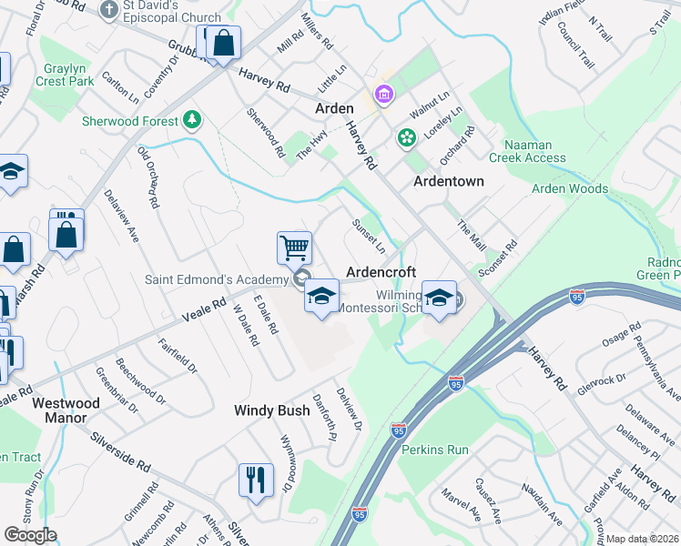 map of restaurants, bars, coffee shops, grocery stores, and more near 8 April Lane in Wilmington