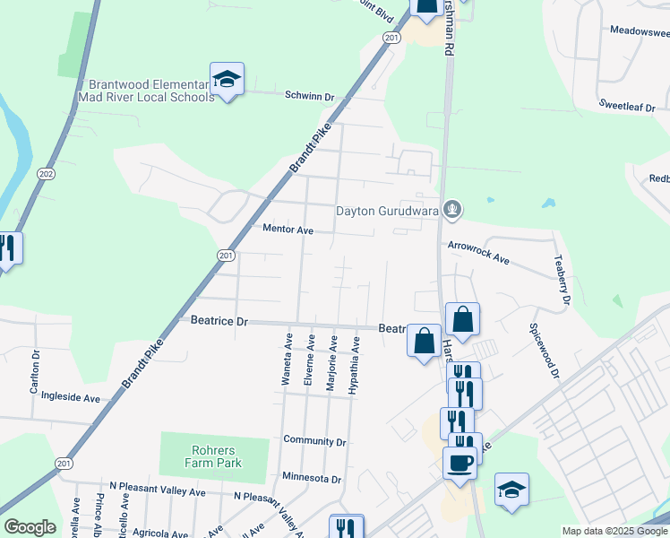 map of restaurants, bars, coffee shops, grocery stores, and more near 3584 Golden Meadows Court in Dayton