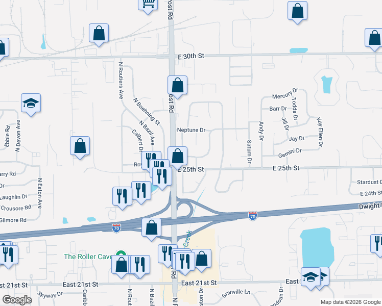 map of restaurants, bars, coffee shops, grocery stores, and more near 2603 Morning Star Drive in Indianapolis