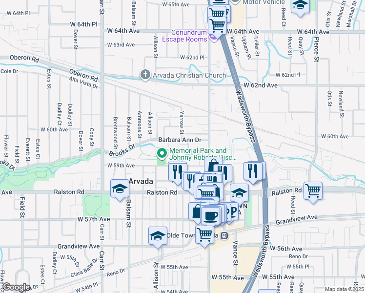 map of restaurants, bars, coffee shops, grocery stores, and more near 7732 Barbara Ann Drive in Arvada