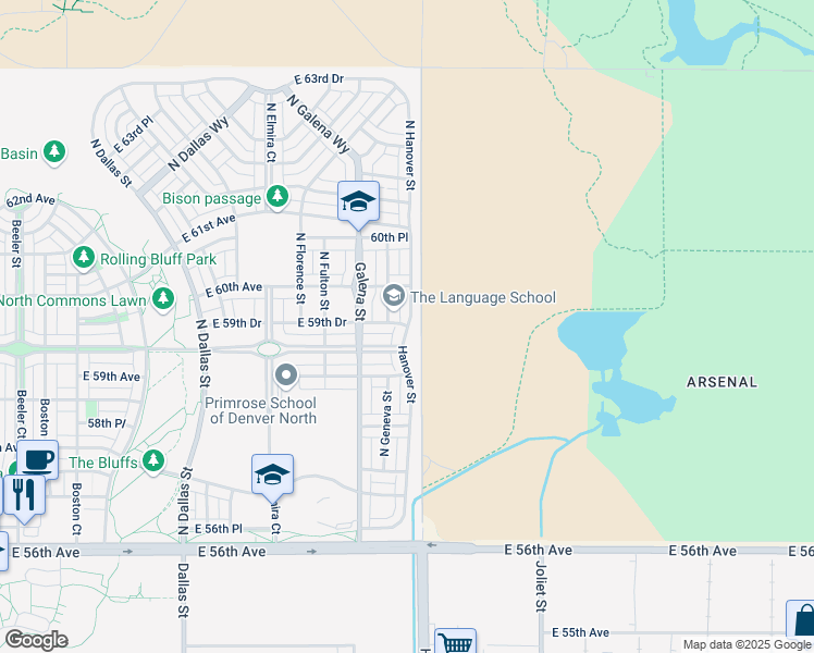 map of restaurants, bars, coffee shops, grocery stores, and more near 5973 Hanover Street in Denver