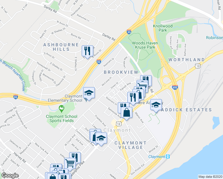 map of restaurants, bars, coffee shops, grocery stores, and more near 3736 Green Street in Claymont