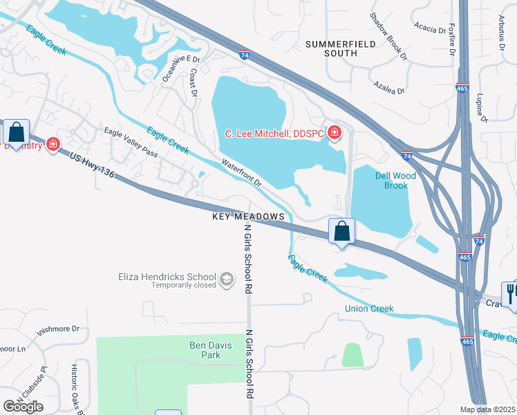 map of restaurants, bars, coffee shops, grocery stores, and more near 7248 River Walk Dr in Indianapolis