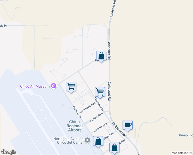 map of restaurants, bars, coffee shops, grocery stores, and more near 1100 Marauder Street in Chico