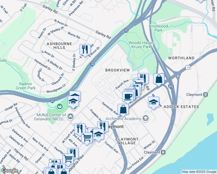 map of restaurants, bars, coffee shops, grocery stores, and more near 3736 Green Street in Claymont