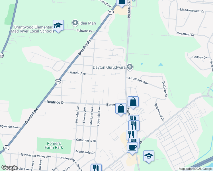 map of restaurants, bars, coffee shops, grocery stores, and more near 3593 Valencia Street in Dayton
