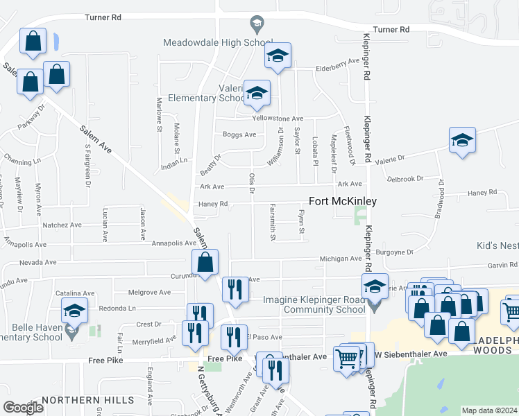 map of restaurants, bars, coffee shops, grocery stores, and more near 3858 Haney Road in Dayton