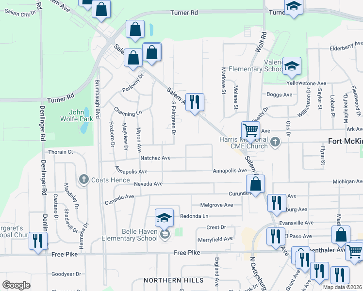 map of restaurants, bars, coffee shops, grocery stores, and more near 4308 Brunswick Avenue in Dayton