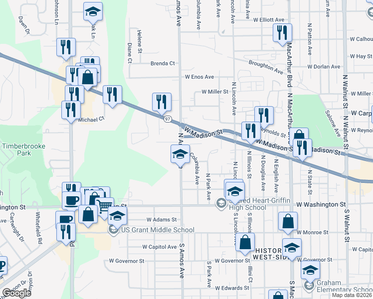 map of restaurants, bars, coffee shops, grocery stores, and more near 400-406 N Amos Ave in Springfield