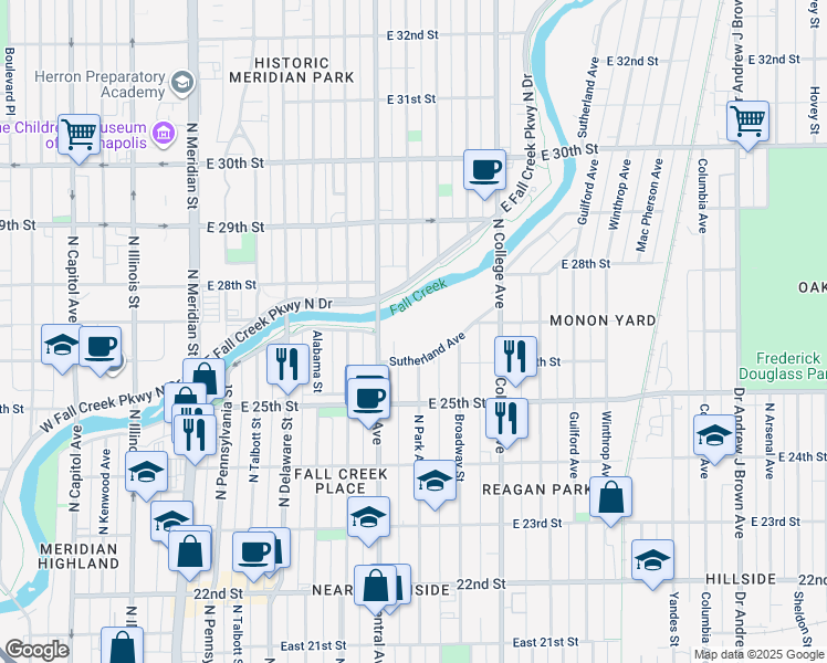 map of restaurants, bars, coffee shops, grocery stores, and more near 2647 Central Avenue in Indianapolis