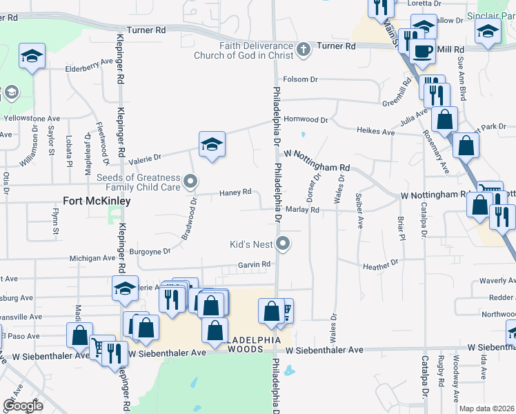 map of restaurants, bars, coffee shops, grocery stores, and more near 3100 Haney Road in Dayton